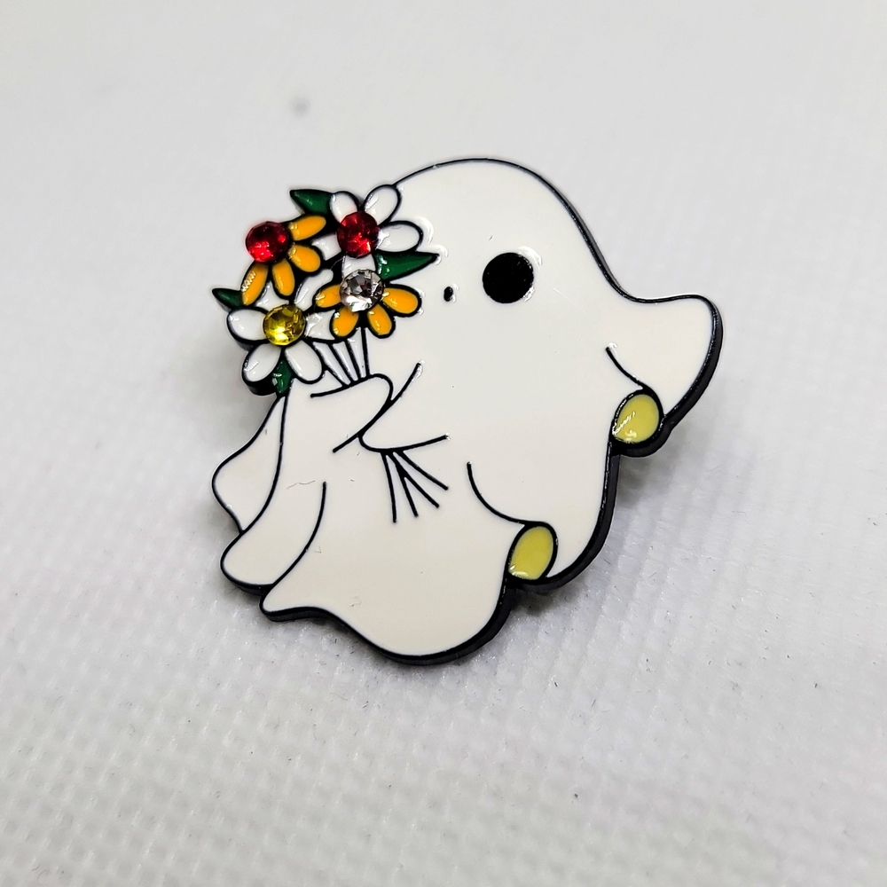 Halloween Flower Enamel Ghost Tac Pin White Black One Inch Wide Unisex - Picture 3 of 6